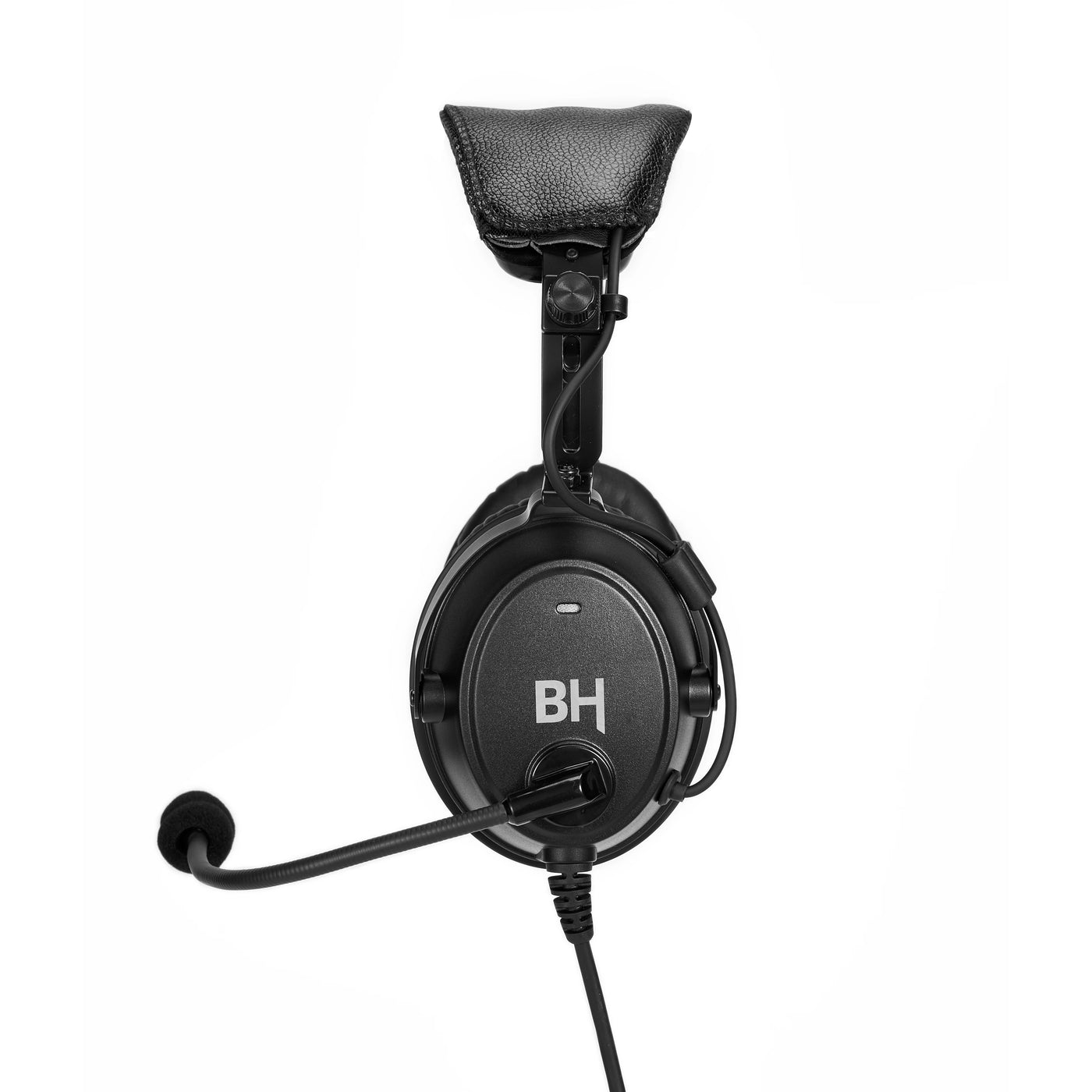 Side view of BH Alpha Bluetooth aviation headset with adjustable microphone